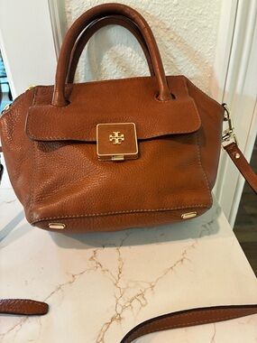 Tory Burch Cognac Pebbled Leather Satchel with Gold Logo